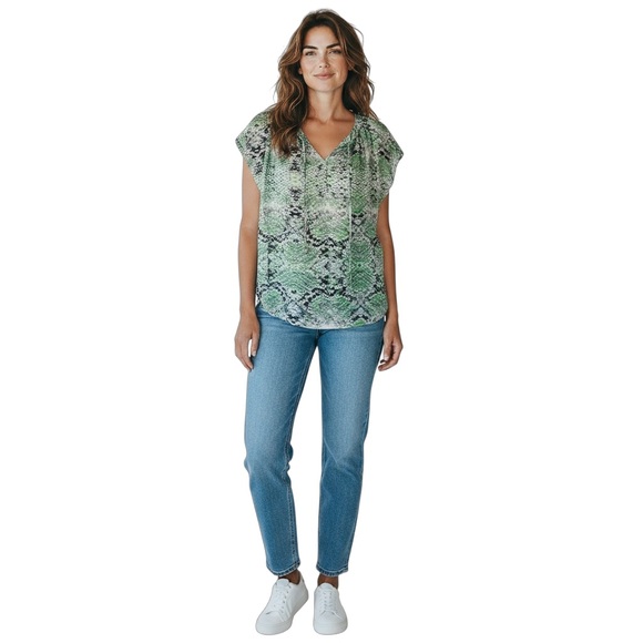 CABi Cap Sleeve Semi Sheer Green & Blue Pattern Blouse size Small - Picture 1 of 8